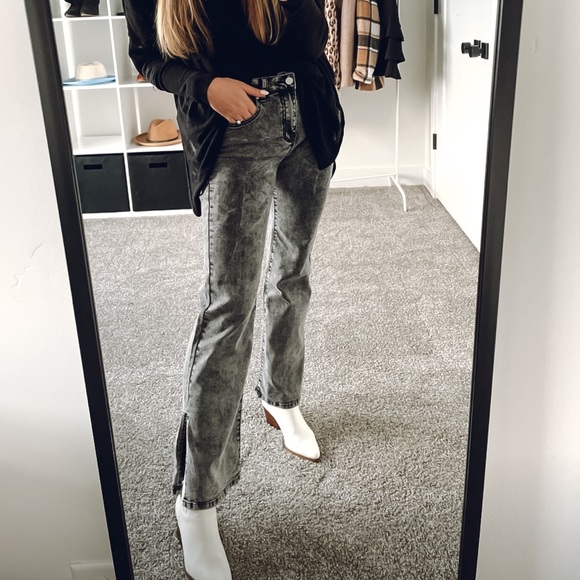 Amazon Denim - Womens Casual High Waisted Flare Slit Ankle Denim Jeans in Black/Gray